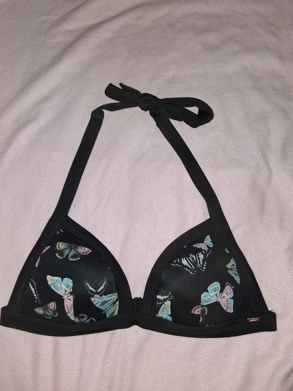 PINK Victoria's Secret Black Bikini Top with Pastel Butterfly Print